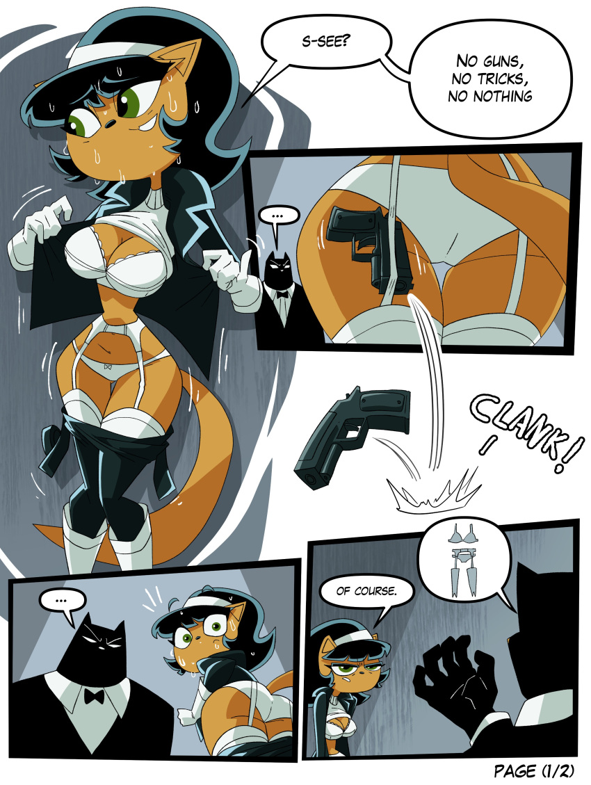 2022 absurd_res anthro clothing comic dialogue domestic_cat duo faceless_character faceless_male felid feline felis female fur green_eyes gun handgun hi_res inker_comics kitty_katswell male mammal nickelodeon pistol ranged_weapon strip_search symbol t.u.f.f._puppy tan_body tan_fur underwear weapon