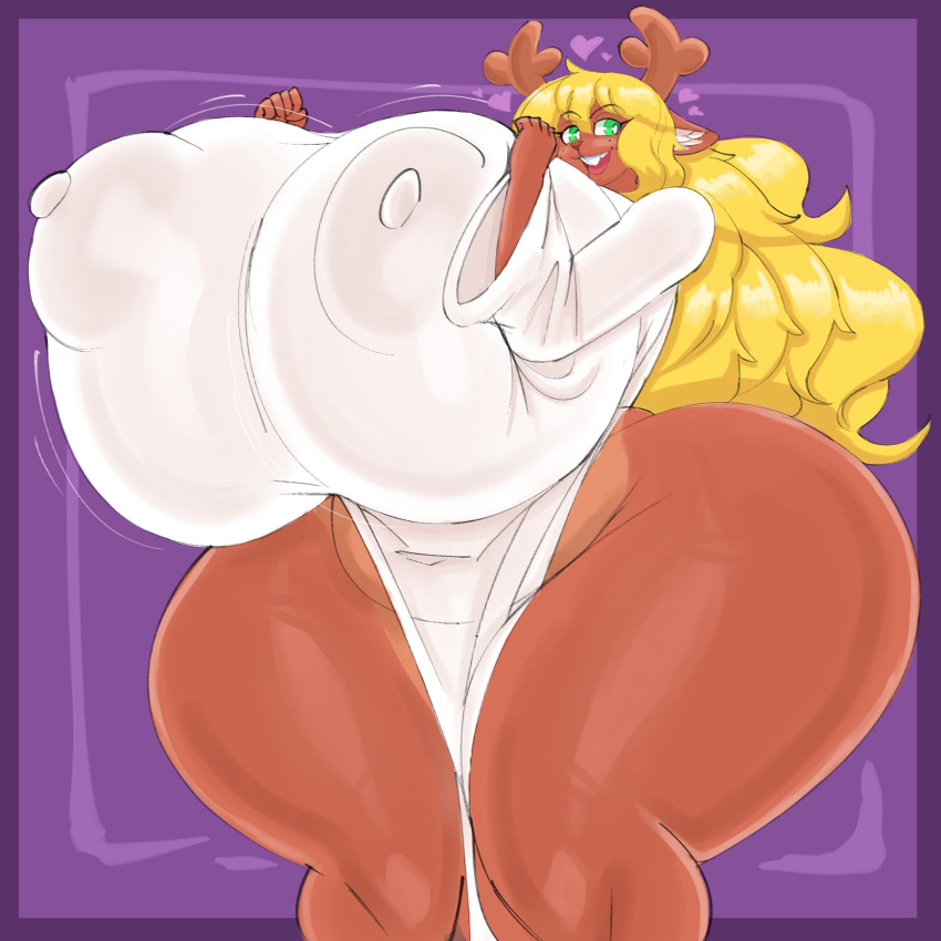 &lt;3 1:1 anthro antlers big_breasts blonde_hair breasts brown_body buckteeth capreoline cervid clothing deltarune female geebie33 green_eyes hair hi_res horn huge_breasts huge_thighs hyper hyper_breasts hyper_hips hyper_thighs mammal nipple_outline noelle_holiday open_mouth reindeer robe solo teeth thick_thighs undertale_(series) video_games wide_hips