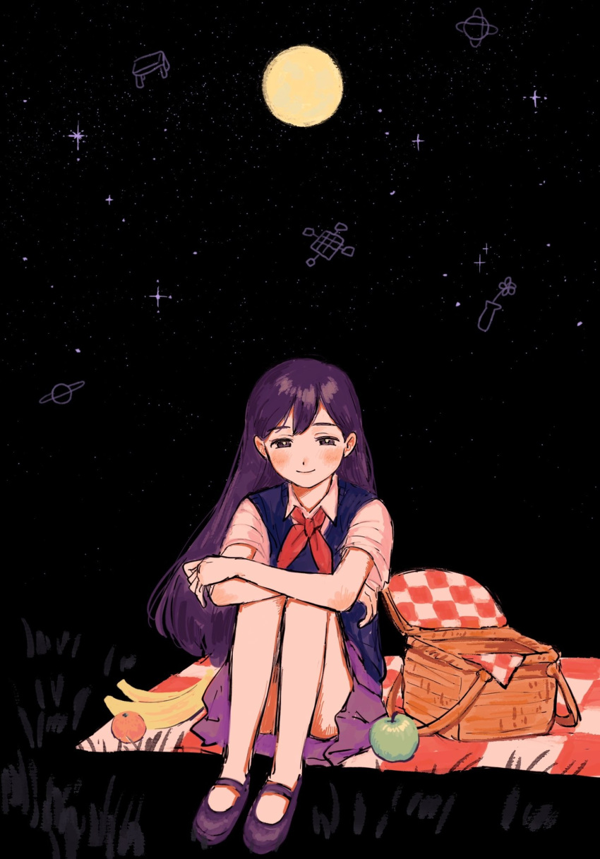 1girl apple banana blanket blush bright_pupils checkered_blanket closed_mouth food fruit highres knees_up long_hair looking_at_viewer mari_(omori) neckerchief okawari_(58o_mawari) omori picnic_basket pleated_skirt purple_eyes purple_hair purple_skirt red_neckerchief sitting skirt smile solo white_pupils