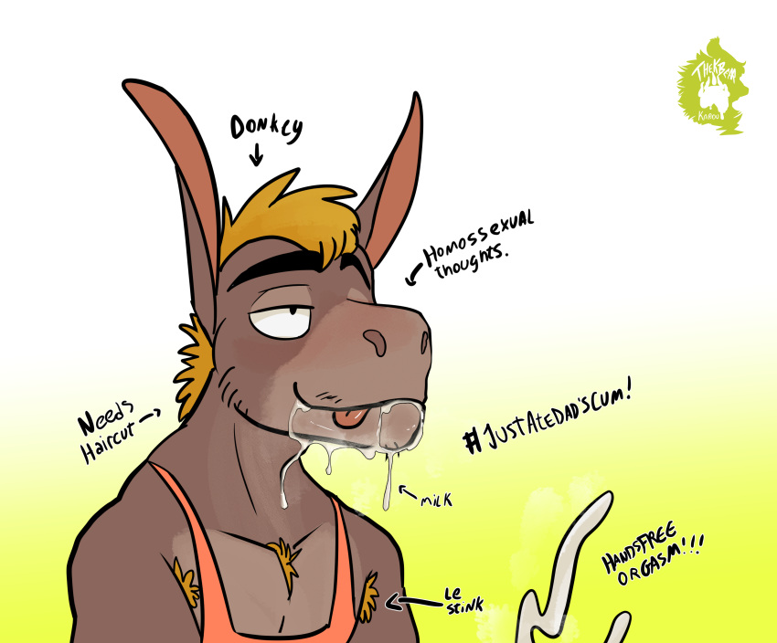 absurd_res asinus blush bodily_fluids clothing cum cum_on_face donkey equid equine genital_fluids gradient_background half-closed_eyes handsfree_cum hi_res looking_pleasured luke_rider mammal narrowed_eyes shirt simple_background tank_top tank_top_only text thekinkybear topwear