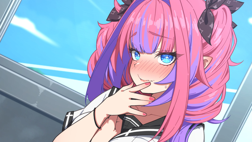 1girl alternate_costume aobara_hairi black_sailor_collar blue_eyes blue_sky blush closed_mouth embarrassed highres hololive hololive_dev_is kikirara_vivi long_hair looking_at_viewer multicolored_hair nail_polish nose_blush pink_hair pink_nails purple_hair sailor_collar shirt sky solo streaked_hair virtual_youtuber white_shirt