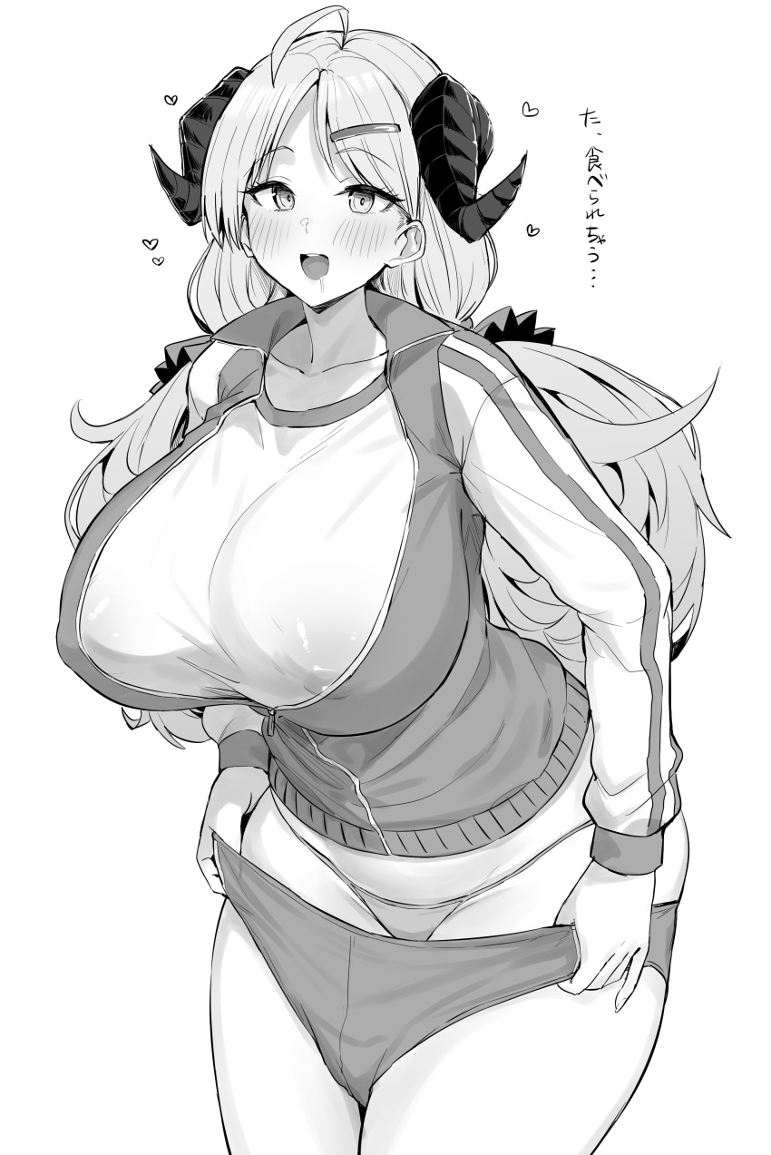 1girl absurdres blue_archive blush breasts buruma collarbone covered_nipples cowboy_shot greyscale hair_ornament hairclip highres horns hotate-chan huge_breasts izumi_(blue_archive) jacket large_breasts long_hair long_sleeves looking_at_viewer monochrome open_clothes panties partially_unzipped shirt smile thick_thighs thighs translation_request underwear