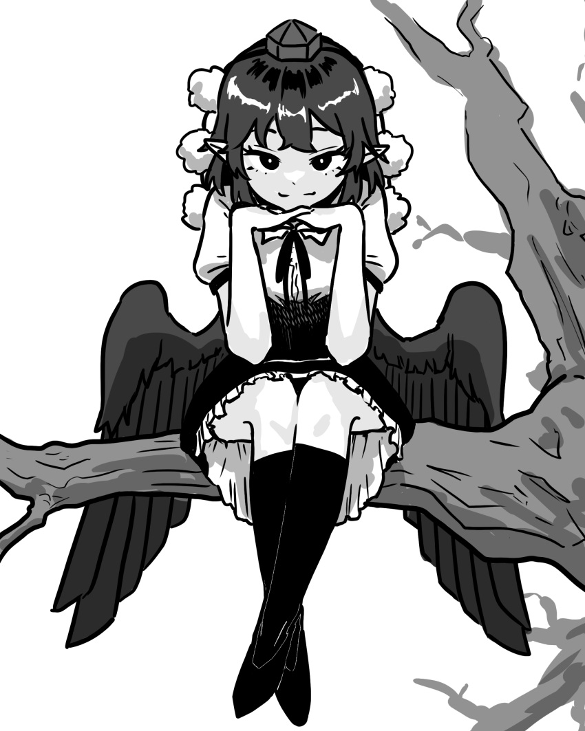 1girl absurdres bare_tree bird_wings closed_mouth full_body hat high_contrast highres looking_at_viewer monochrome neophyte outdoors pointy_ears pom_pom_(clothes) shameimaru_aya short_hair simple_background sitting_on_branch smile solo thighhighs tokin_hat touhou tree wings