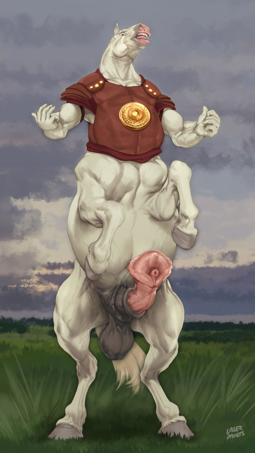 9:16 animal_genitalia animal_penis armor balls big_balls bodily_fluids clothed clothing cloud dripping equid equid_taur equine equine_penis equine_taur erection flared_penis front_view genitals grass grey_balls grey_penis hi_res laser_(artist) looking_at_viewer looking_down looking_down_at_viewer male mammal mammal_taur multicolored_penis open_mouth outside partially_clothed penis pink_penis pink_tongue plant quadruped red_armor red_clothing red_topwear saggy_balls saliva saliva_drip signature sky solo taur tongue topwear two_tone_penis urethra white_body yellow_eyes