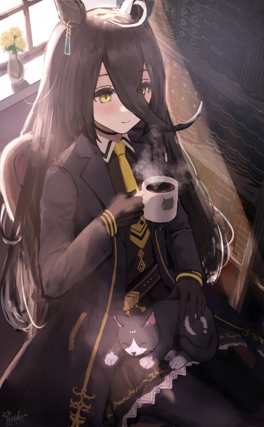 1girl ahoge animal_ears bangs black_choker black_gloves black_hair black_jacket black_pantyhose black_shirt black_skirt book bookshelf cat choker chrysanthemum coffee coffee_mug commentary_request cup dated earrings flower flower_pot frilled_skirt frills gloves hair_between_eyes hand_up highres holding holding_cup horse_ears horse_girl indoors jacket jewelry light_blush light_smile long_bangs long_hair long_sleeves looking_afar manhattan_cafe_(umamusume) mug multicolored_hair nanaushi necktie on_chair open_clothes open_jacket pantyhose shirt signature single_earring sitting skirt sleeping sleeping_on_person smoke solo sunlight umamusume upper_body window yellow_eyes yellow_necktie