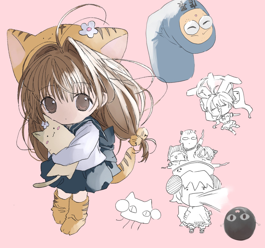 animal animal_hat bangs brown_eyes brown_hair cat cat_hat cat_tail coo_erhard di_gi_charat flower full_body grey_sailor_collar grey_skirt hair_flower hair_ornament hano_luno hat highres holding holding_animal holding_cat ky_schweitzer long_hair long_sleeves looking_at_viewer low-tied_long_hair multiple_boys multiple_girls nazo_gema paw_shoes pink_background piyoko puchiko rik_heisenberg sailor_collar school_uniform serafuku shirt skirt solo_focus tail usada_hikaru white_shirt