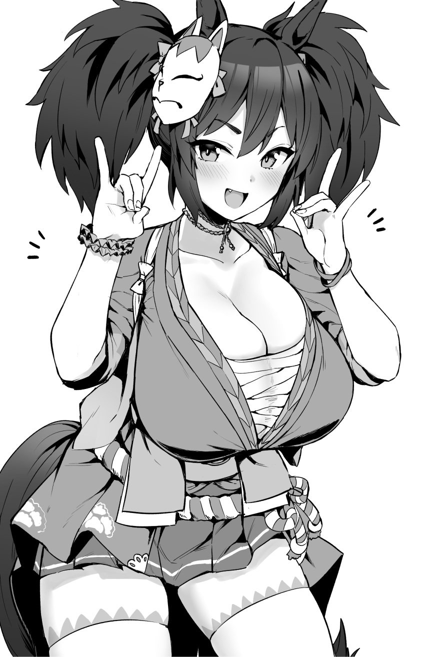 1girl :d absurdres animal_ears bangs blush breasts cleavage collarbone fang fox_shadow_puppet greyscale hands_up highres horse_ears horse_girl horse_tail hotate-chan inari_one_(umamusume) large_breasts long_hair looking_at_viewer mask mask_on_head miniskirt monochrome open_mouth pleated_skirt skirt smile solo tail thighhighs thighs twintails umamusume