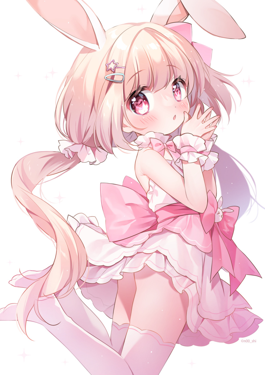 1girl animal_ears blush dress from_behind gau_(n00_shi) hair_ornament hairclip hand_to_own_mouth highres legs legs_up long_hair looking_back low_twintails no_shoes original own_hands_together pink_dress pink_eyes pink_thighhighs rabbit_ears rabbit_girl short_dress sleeveless sleeveless_dress solo thighhighs thighs twintails wind wind_lift