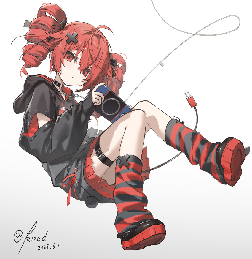 1girl absurdres ahoge alternate_costume belt black_belt black_collar black_leg_warmers black_ribbon black_shoes black_skirt black_sweater cable chain closed_mouth collar dated drill_hair expressionless fingernails floating_hair gradient_background grey_background hair_between_eyes hair_ornament hair_ribbon handheld_game_console highres holding holding_handheld_game_console hood hooded_sweater kasane_teto key kieed layered_skirt leg_warmers long_sleeves looking_at_viewer print_sweater red_eyes red_hair red_leg_warmers red_ribbon red_skirt ribbon shoes skirt sleeves_past_wrists solo striped_leg_warmers sweater thigh_belt thigh_strap twin_drills utau variant_set white_background x_hair_ornament