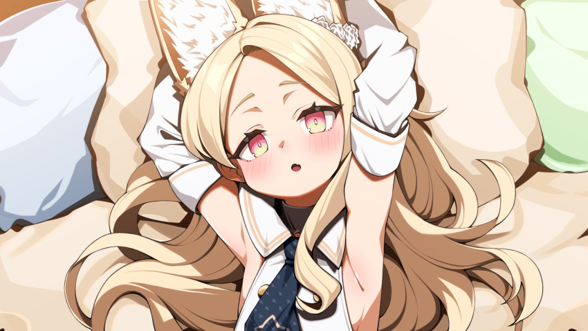 1girl animal_ear_fluff animal_ears aobara_hairi armpits arms_up blonde_hair blue_archive blush breasts detached_sleeves dress fang fox_ears fox_girl highres long_hair looking_at_viewer open_mouth seia_(blue_archive) shirt skin_fang small_breasts solo white_dress white_shirt yellow_eyes