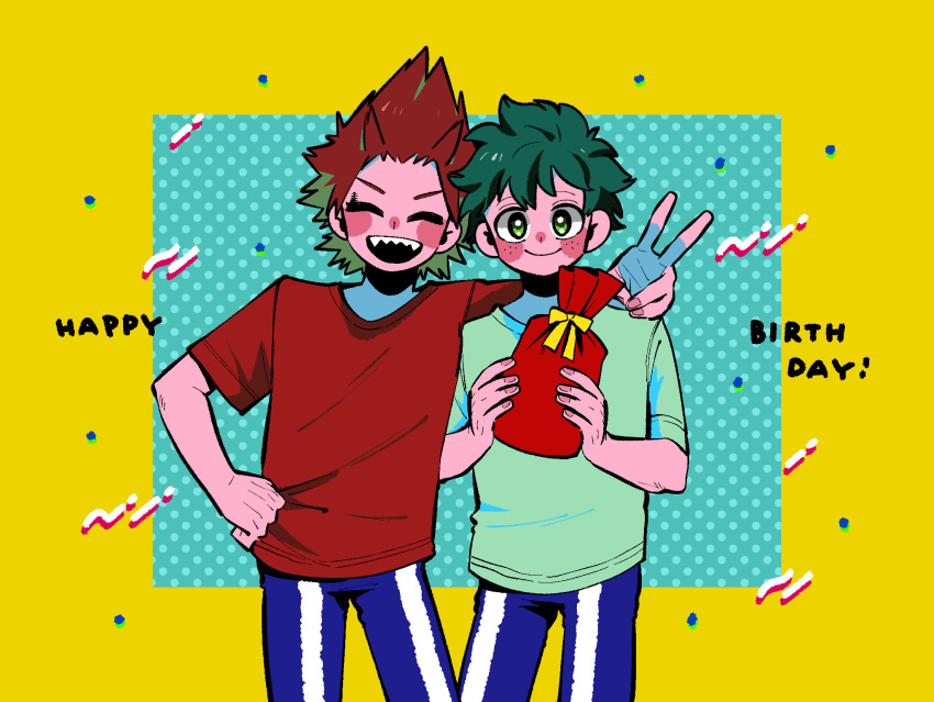 2boys anna_(aannnaa3) bag blue_pants blush boku_no_hero_academia closed_eyes closed_mouth commentary_request cowboy_shot freckles green_eyes green_hair green_shirt hand_on_another's_shoulder hand_on_hip happy_birthday highres holding holding_bag kirishima_eijirou looking_at_viewer male_focus midoriya_izuku multiple_boys open_mouth pants polka_dot polka_dot_background red_bag red_hair red_shirt sharp_teeth shirt short_hair short_sleeves simple_background smile spiked_hair standing teeth v yellow_background