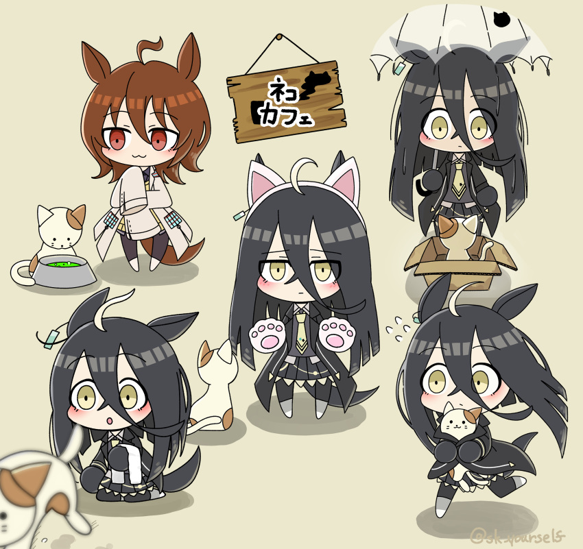 2girls :3 :o absurdres ahoge animal animal_ears animal_hands ask_yourself bangs black_gloves black_hair black_jacket black_shirt blush box brown_hair cardboard_box cat cat_paws character_request chibi closed_mouth commentary_request earrings fake_animal_ears full_body gloves hair_between_eyes highres holding holding_animal holding_cat holding_umbrella horse_ears horse_girl horse_tail jacket jewelry kneeling long_bangs long_hair long_sleeves looking_at_viewer manhattan_cafe_(umamusume) multicolored_hair multiple_cats multiple_girls multiple_views necktie red_eyes running shadow shirt simple_background single_earring skirt sleeves_past_fingers sleeves_past_wrists standing tail twitter_username umamusume umbrella white_jacket yellow_background yellow_eyes yellow_necktie