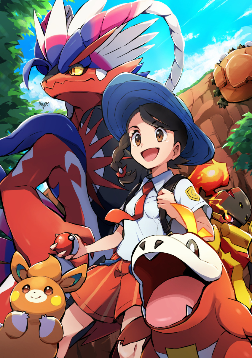 1girl :d armarouge ayo_(ayosanri009) bangs blue_headwear braid brown_eyes cloud commentary_request day eye_trail eyelashes fuecoco hat highres holding holding_poke_ball holding_strap juliana_(pokemon) klawf knees koraidon light_trail necktie open_mouth orange_necktie orange_shorts outdoors pawmi poke_ball poke_ball_(basic) pokemon pokemon_(creature) pokemon_(game) pokemon_sv shirt short_sleeves shorts sky smile