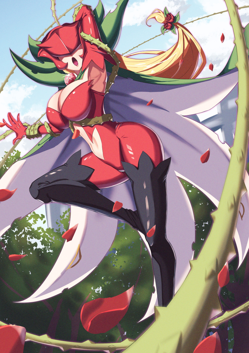 1girl absurdres arm_up armpits black_footwear blonde_hair blue_sky bodysuit boots breasts brooch cape cleavage clothing_cutout cloud commentary covered_eyes day digimon digimon_(creature) elbow_gloves floating_hair flower glint gloves green_cape hair_flower hair_ornament highres jewelry kotatsu_(nukunuku) large_breasts lipstick long_hair low-tied_long_hair makeup navel navel_cutout open_mouth outdoors petals plant red_bodysuit red_flower red_gloves red_rose rose rosemon sky solo thigh_boots thorns vines