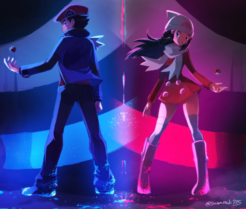 1boy 1girl black_hair black_pants blue_eyes blue_jacket boots contrapposto dawn_(pokemon) dress floating_hair from_behind full_body giratina giratina_(origin) grey_scarf hat highres jacket knee_boots long_hair long_sleeves looking_at_viewer looking_back open_clothes open_jacket pants pink_footwear poke_ball poke_ball_print pokemon print_headwear red_dress red_headwear red_shirt sawarabi_(sawarabi725) scarf shirt short_dress short_hair signature standing thighhighs twitter_username white_headwear white_thighhighs