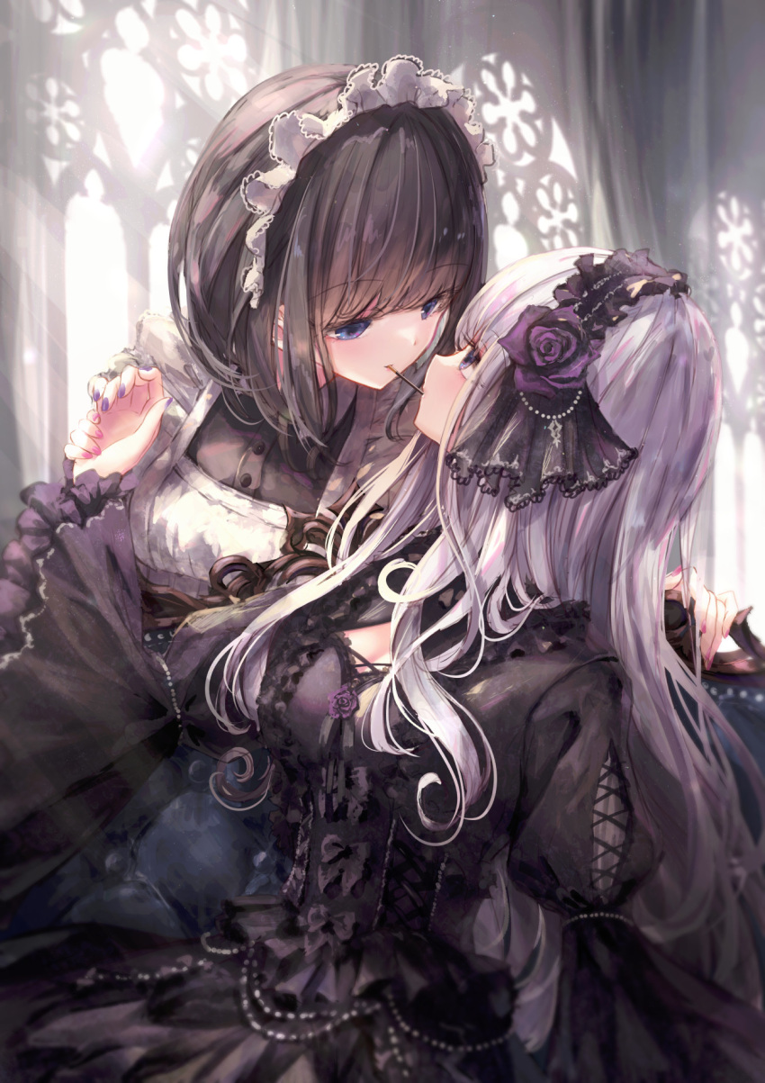 apron bangs black_dress black_hair blue_eyes curly_hair dress eye_contact food frilled_dress frills gothic gothic_lolita hair_ornament highres lolita_fashion long_hair looking_at_another maid maid_apron maid_headdress missile228 original pocky pocky_day short_hair straight_hair sunlight white_hair