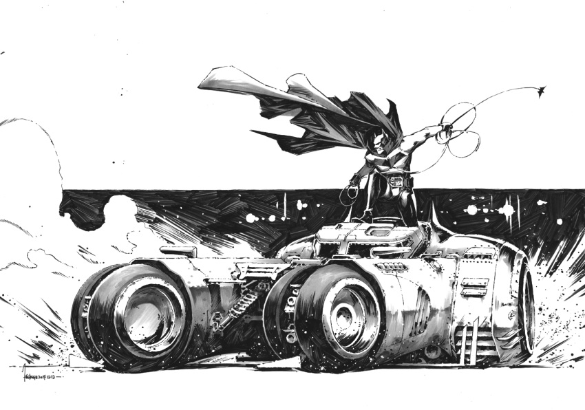 1boy batman batman_(series) batmobile bodysuit cable cape car clenched_teeth dc_comics drifting english_commentary greyscale ground_vehicle kael_ngu male_focus mask monochrome motor_vehicle smoke teeth vehicle_focus western_comics_(style)