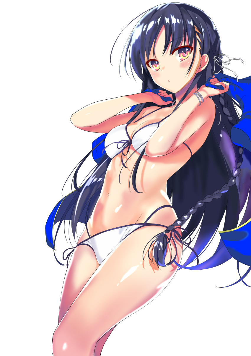 1girl absurdres bangs bare_arms bikini black_hair blush bracelet braid floating_hair front-tie_bikini_top front-tie_top groin hair_ribbon highres hiiragi_(frux8555) holding horikita_suzune jewelry long_hair looking_at_viewer lowleg lowleg_bikini navel ribbon shiny shiny_hair side-tie_bikini_bottom simple_background single_braid solo swimsuit very_long_hair white_background white_bikini white_ribbon yellow_eyes youkoso_jitsuryoku_shijou_shugi_no_kyoushitsu_e