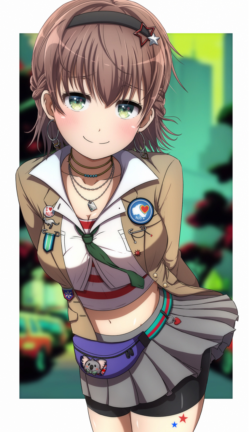 1girl absurdres arms_behind_back badge bang_dream! belt_pouch blush braid breasts button_badge cleavage earrings english_text green_eyes hair_ornament hairband highres hoop_earrings jewelry kangaroo koala looking_at_viewer midriff miniskirt navel necklace noshimurin pouch shirt short_hair skirt smile solo star_(symbol) star_hair_ornament striped striped_shirt yamato_maya