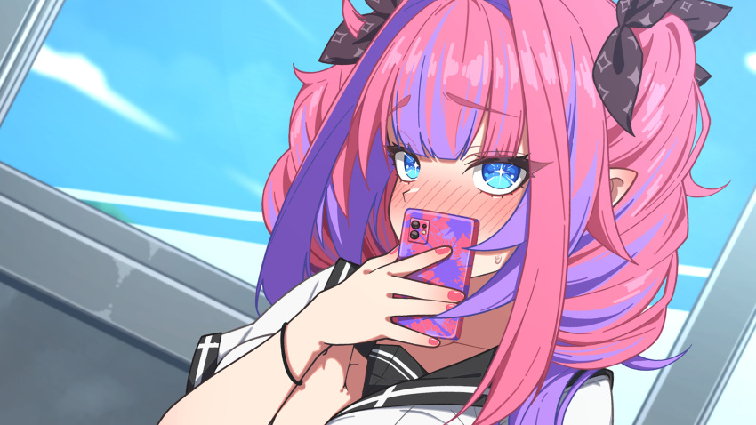 1girl alternate_costume aobara_hairi black_sailor_collar blue_eyes blue_sky blush cellphone closed_mouth embarrassed highres holding holding_phone hololive hololive_dev_is kikirara_vivi long_hair looking_at_viewer multicolored_hair nail_polish nose_blush phone pink_hair pink_nails purple_hair sailor_collar shirt sky smartphone solo streaked_hair virtual_youtuber white_shirt