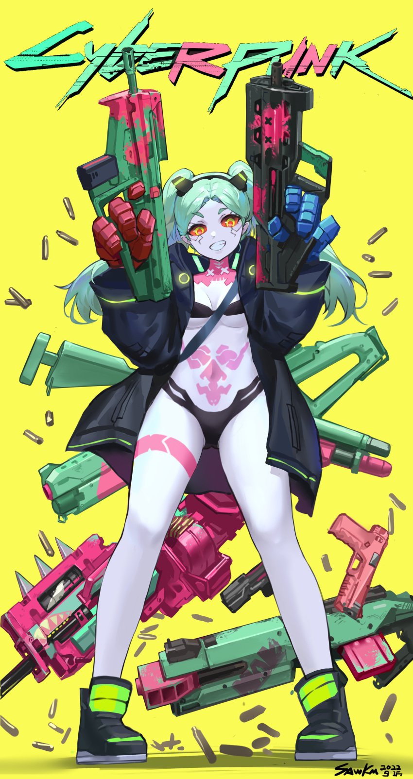 1girl absurdres artist_name assault_rifle bare_legs black_bra black_footwear black_hairband black_jacket black_panties body_markings bra clenched_teeth colored_sclera colored_skin cyberpunk_(series) cyberpunk_edgerunners dated dual_wielding fewer_digits full_body green_hair grin gun gun_on_back hairband handgun highres holding holding_gun holding_weapon jacket mechanical_arms navel neck_tattoo panties rebecca_(cyberpunk) red_pupils red_sclera rifle sawkm shell_casing shoes signature smile solo standing stomach stomach_tattoo tattoo teeth thighs twintails underwear weapon weapon_on_back white_skin yellow_background yellow_eyes