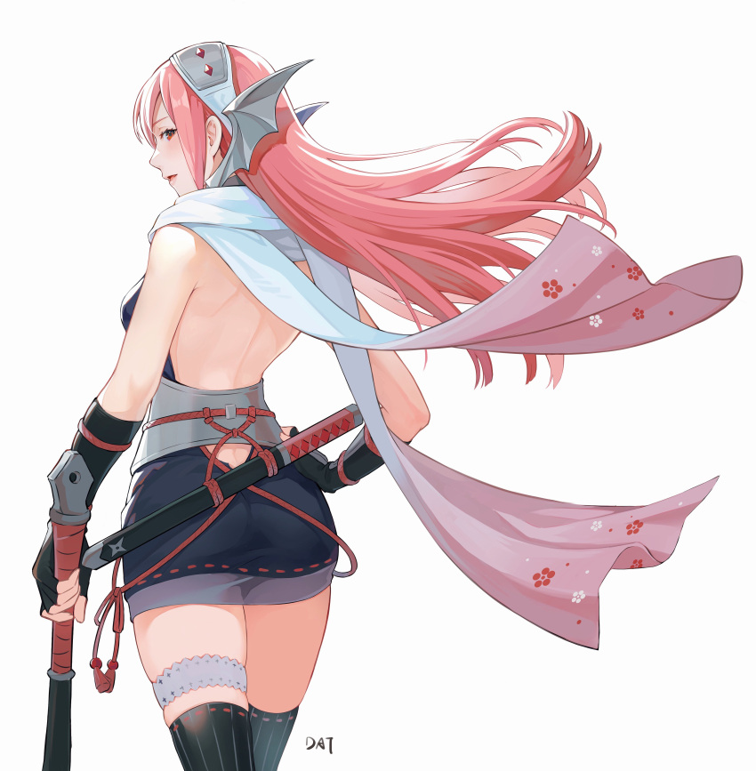 1girl absurdres ass backless_dress backless_outfit bare_back bare_shoulders black_gloves black_thighhighs breasts cherche_(fire_emblem) commentary cowboy_shot da-cart dress fingerless_gloves fire_emblem fire_emblem_awakening fire_emblem_heroes floral_print from_behind gloves gradient_scarf hairband highres long_hair looking_at_viewer looking_back medium_breasts ninja official_alternate_costume parted_lips pencil_dress pink_hair purple_scarf red_eyes scabbard scarf sheath sheathed short_dress short_sword sidelocks solo standing sword tantou thigh_strap thighhighs thighs very_long_hair weapon white_scarf