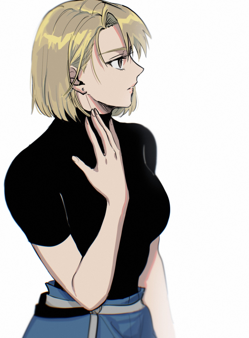 1girl bangs black_shirt blonde_hair blue_pants bob_cut breasts brown_eyes earrings fullmetal_alchemist hair_over_one_eye hand_on_own_neck highres jewelry large_breasts looking_to_the_side ozaki_(tsukiko3) pants parted_bangs parted_lips riza_hawkeye shirt short_hair short_sleeves solo tight tight_shirt turtleneck upper_body white_background