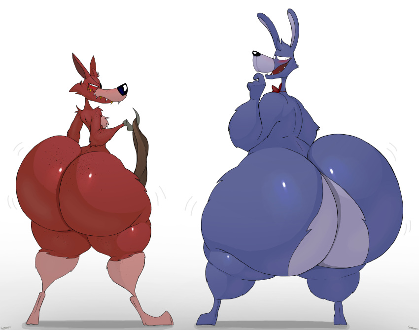 absurd_res anthro big_butt blush bonnie_(fnaf) bow_tie butt canid canine clothing duo eye_patch eyewear fangs five_nights_at_freddy's fox foxy_(fnaf) freckles fur girly hi_res hook_hand huge_butt hyper lagomorph leporid looking_at_viewer looking_back male mammal nude open_mouth purple_body rabbit rear_view red_body schplingnops scottgames shaking_butt sharp_teeth simple_background smile standing teeth thick_thighs underwear video_games
