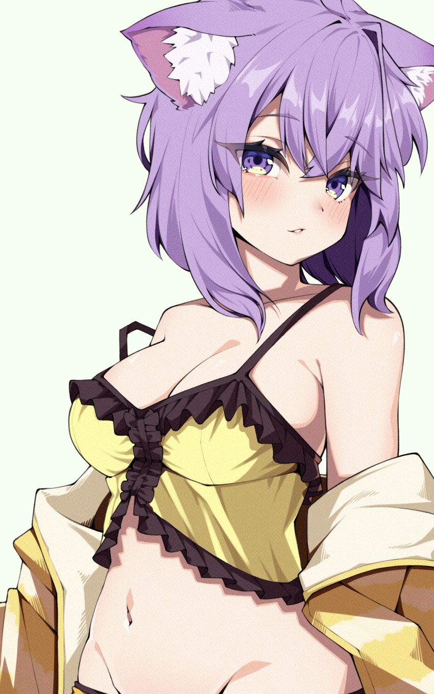 1girl alternate_costume animal_ear_fluff animal_ears aobara_hairi blush breasts camisole cat_ears cat_girl cleavage closed_mouth cosplay highres hololive large_breasts natsuiro_matsuri natsuiro_matsuri_(cosplay) natsuiro_matsuri_(matsuri's_day_off) nekomata_okayu purple_eyes purple_hair solo virtual_youtuber white_background yellow_camisole