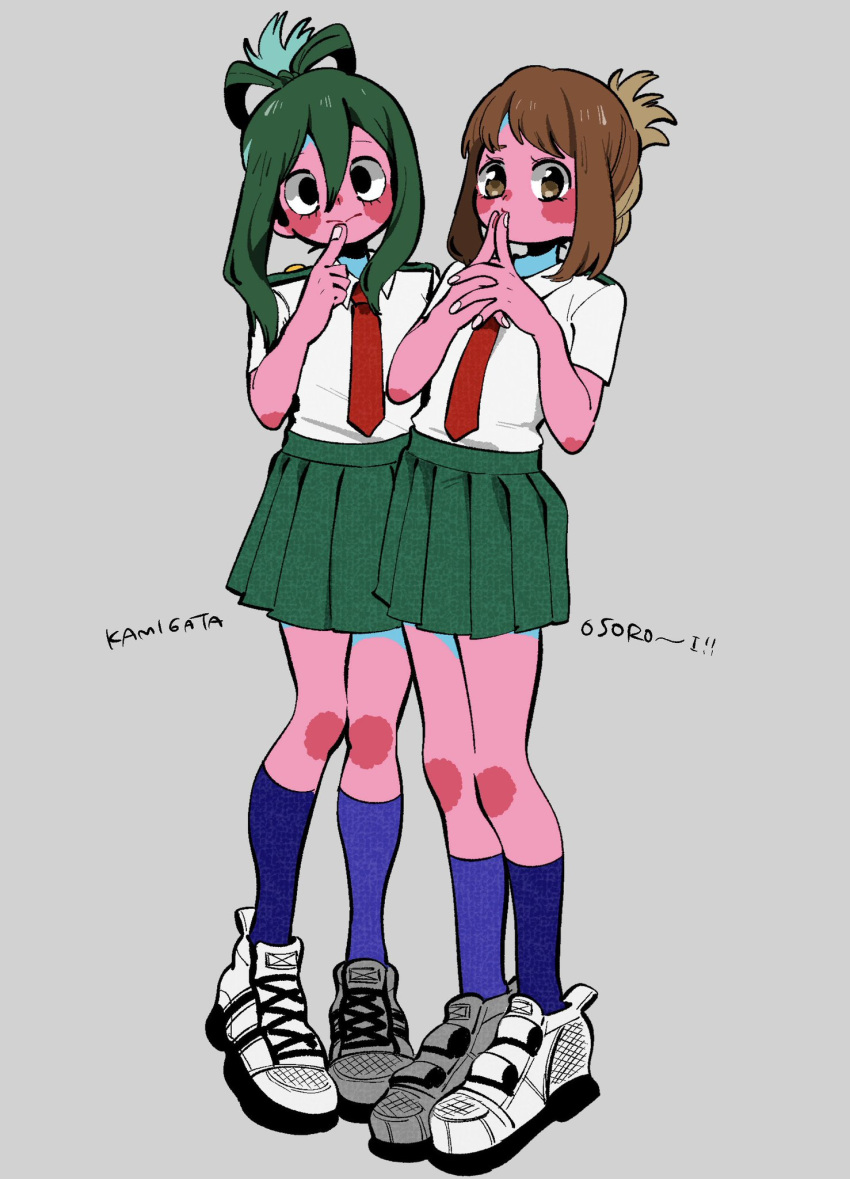 2girls alternate_hairstyle anna_(aannnaa3) asui_tsuyu bangs black_eyes blue_socks blush boku_no_hero_academia bow-shaped_hair brown_eyes brown_hair closed_mouth collared_shirt commentary_request finger_to_mouth fingers_to_mouth folded_ponytail full_body green_hair green_skirt grey_background hair_between_eyes hair_rings highres looking_at_viewer multiple_girls necktie own_hands_together pleated_skirt red_necktie romaji_text school_uniform shirt shoes short_sleeves sidelocks simple_background skirt sneakers socks standing u.a._school_uniform uraraka_ochako white_footwear white_shirt