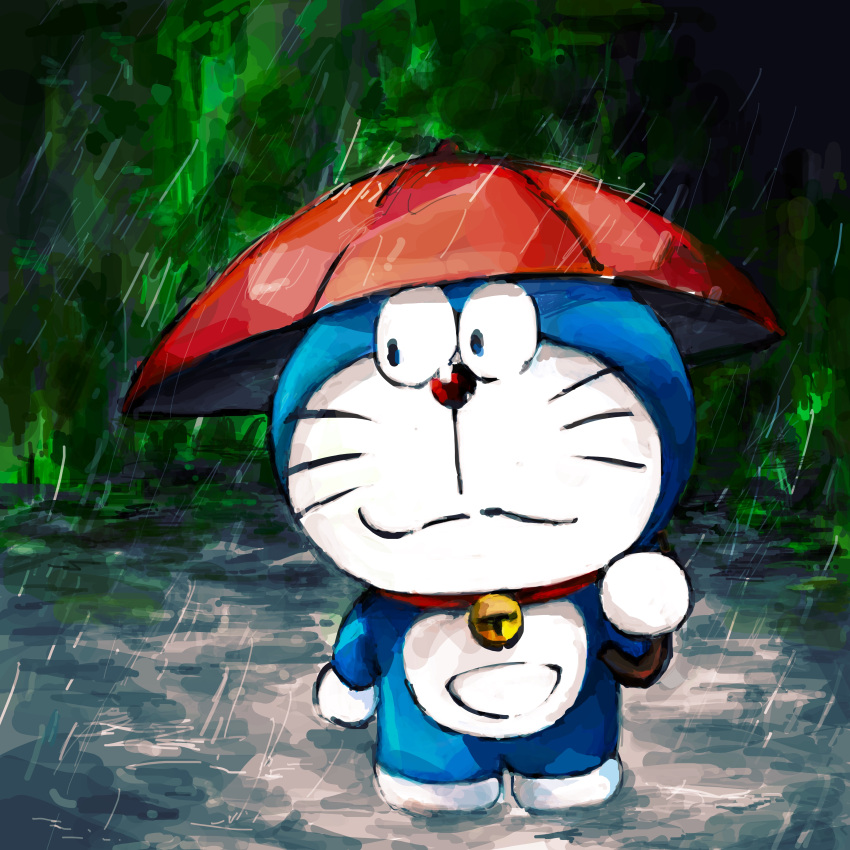 1:1 2020 absurd_res anthro bell blue_body blue_fur collar domestic_cat doraemon doraemon_(character) felid feline felis front_view fur hi_res holding_object holding_umbrella machine male mammal mouth_closed mt_tg outside plant pouch_(anatomy) raining red_collar red_nose robot shaded solo standing tree umbrella whiskers white_body white_fur