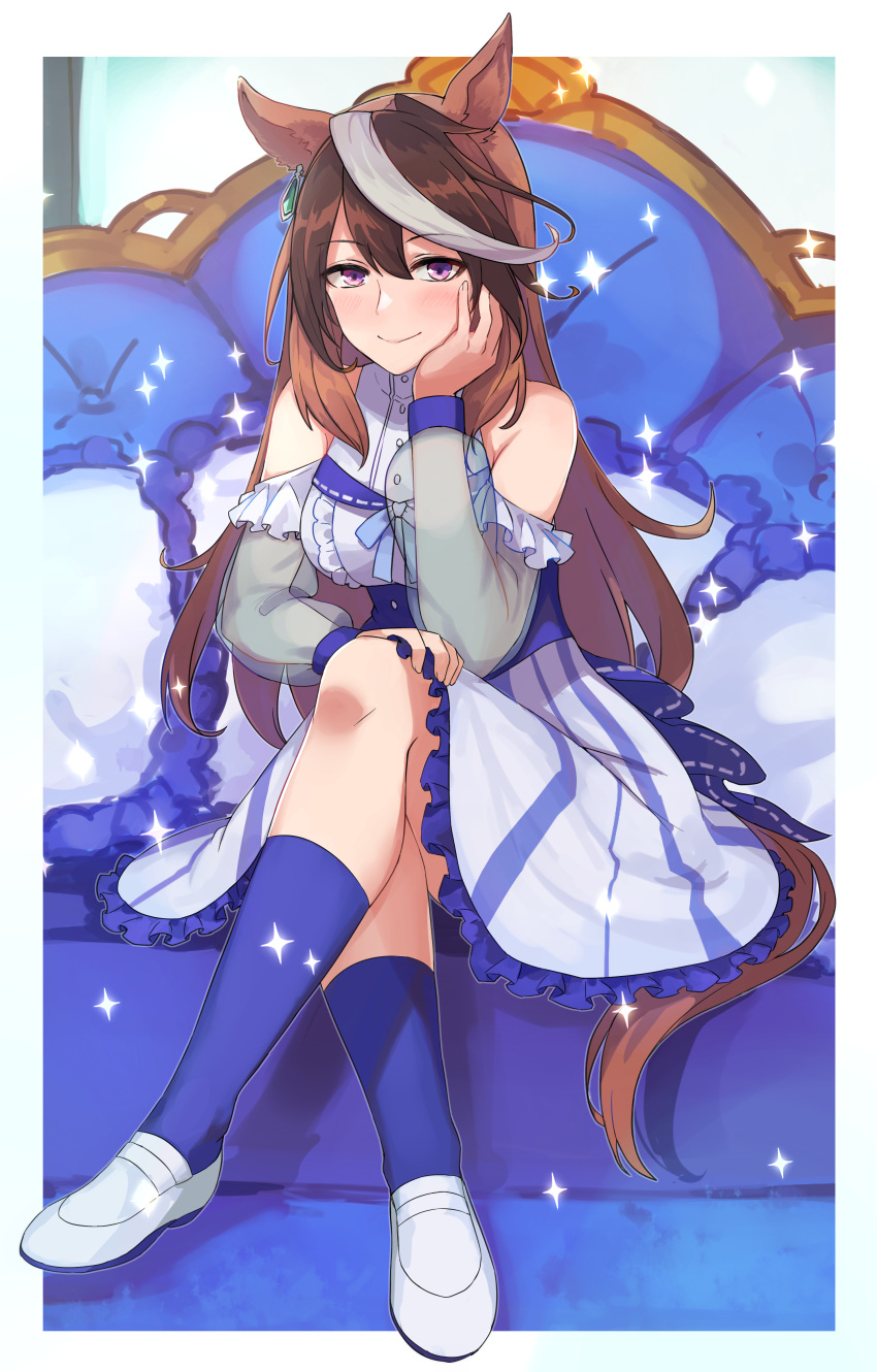 1girl absurdres alternate_costume animal_ears arm_support bare_shoulders blue_dress blue_socks brown_hair couch crossed_legs dress earrings frilled_dress frilled_pillow frills hand_on_own_face highres horse_ears horse_girl horse_tail jewelry kusanagi_kaoru long_hair looking_at_viewer multicolored_hair on_couch pillow purple_eyes see-through see-through_sleeves single_earring sitting socks solo streaked_hair symboli_rudolf_(umamusume) tail umamusume very_long_hair white_footwear