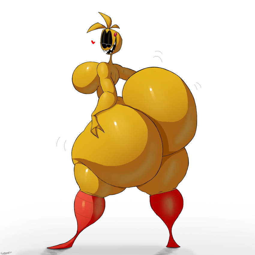 &lt;3 1:1 absurd_res anthro avian beakless big_breasts big_butt bird blush breasts butt chicken female five_nights_at_freddy's five_nights_at_freddy's_2 galliform gallus_(genus) hi_res huge_butt hyper looking_back non-mammal_breasts nude open_mouth phasianid rear_view schplingnops scottgames shaking_butt sharp_teeth side_boob simple_background smile solo standing teeth thick_thighs toy_chica_(fnaf) video_games yellow_body