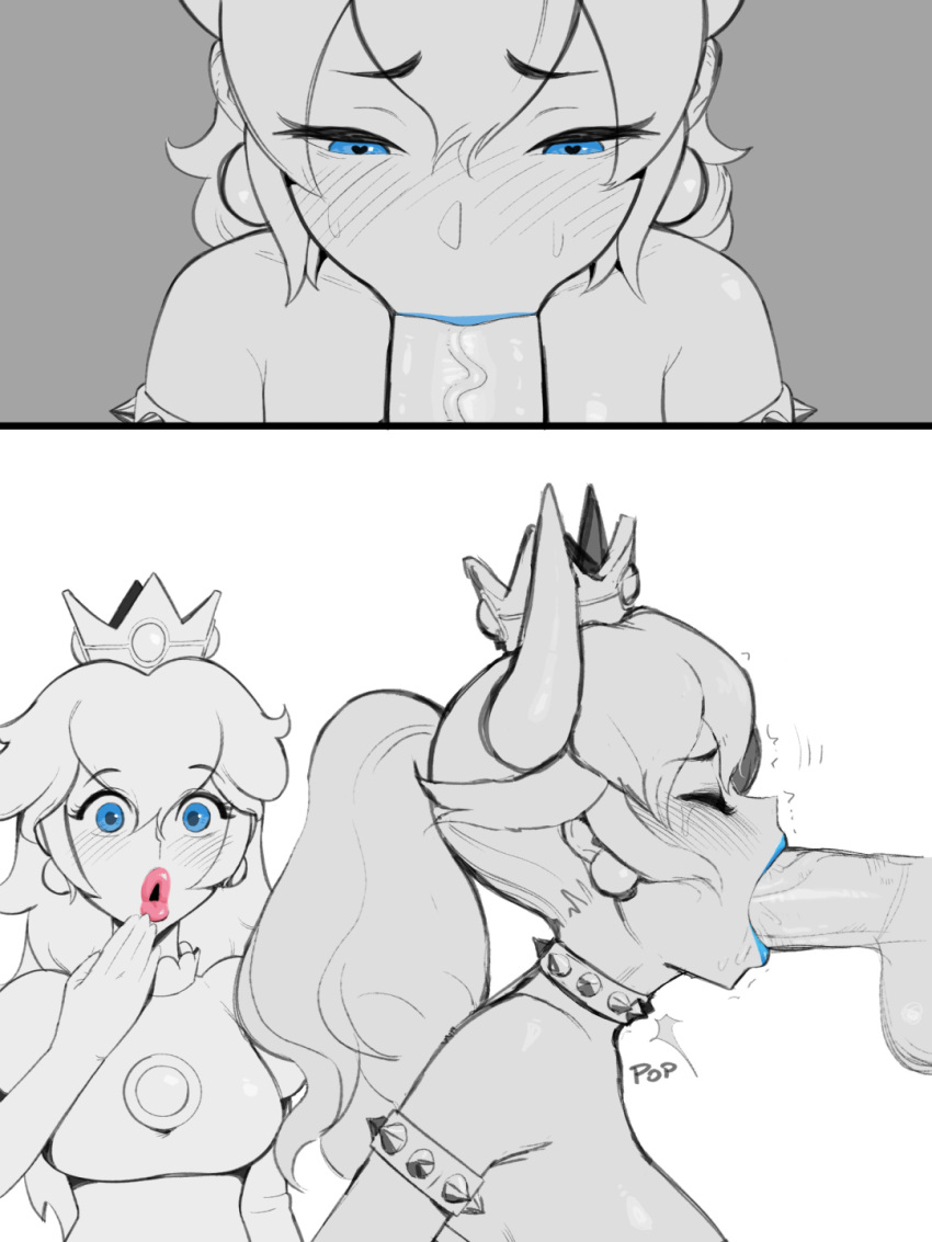 2girls :o armlet blue_eyes blue_lips blush bowsette breasts candyseal closed_eyes collar crown dress earrings elbow_gloves erection fellatio gloves heart heart-shaped_pupils highres horns huge_penis jewelry large_breasts limited_palette lipstick long_hair looking_at_another makeup mario_(series) multiple_girls new_super_mario_bros._u_deluxe oral penis pink_lips ponytail princess_peach puffy_short_sleeves puffy_sleeves short_sleeves simple_background spiked_armlet spiked_collar spikes symbol-shaped_pupils upper_body white_background