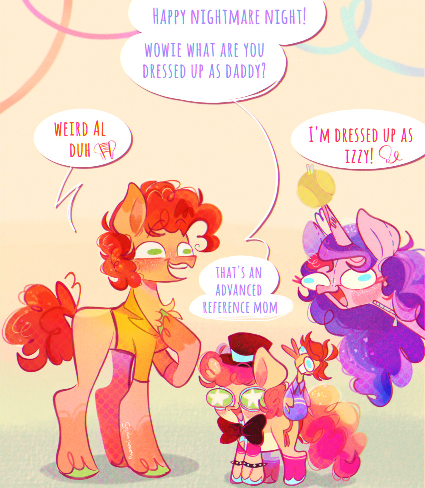 ball cheese_sandwich_(mlp) clothing dialogue english_text equid equine female friendship_is_magic hasbro hat headgear headwear hi_res horn izzy_moonbow_(mlp) li'l_cheese_(mlp) male mammal mlp_g5 my_little_pony pinkie_pie_(mlp) rubber_chicken sockiepuppetry tennis_ball text top_hat unicorn weird_al_yankovich