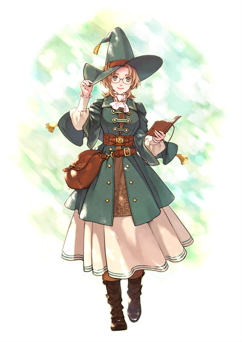 1girl bag blonde_hair book boots dress fantasy full_body glasses hat highres long_dress pixiv_fantasia pixiv_fantasia_scepter_of_zeraldia sankyou satchel short_hair simple_background smile solo witch_hat