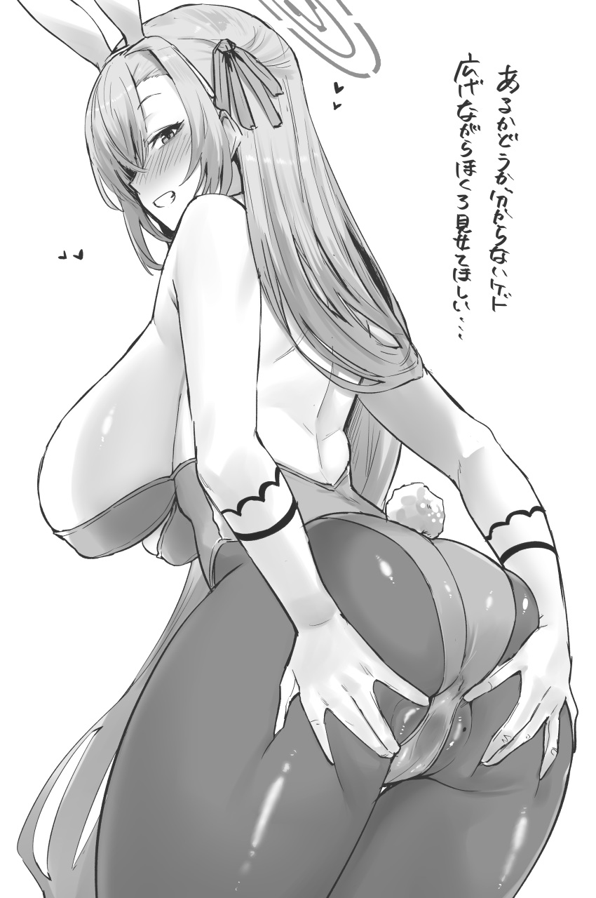 1girl absurdres animal_ears ass asuna_(blue_archive) asuna_(bunny)_(blue_archive) back bangs bare_shoulders blue_archive blush bow bowtie breasts detached_collar elbow_gloves fake_animal_ears gloves greyscale grin hair_over_one_eye halo high_heels highleg highleg_leotard highres hotate-chan large_breasts leotard long_hair looking_at_viewer looking_back mole mole_on_pussy monochrome official_alternate_costume pantyhose playboy_bunny pussy rabbit_ears rabbit_tail sagging_breasts smile solo spread_ass spread_pussy spread_pussy_under_clothes strapless strapless_leotard tail thighs translation_request