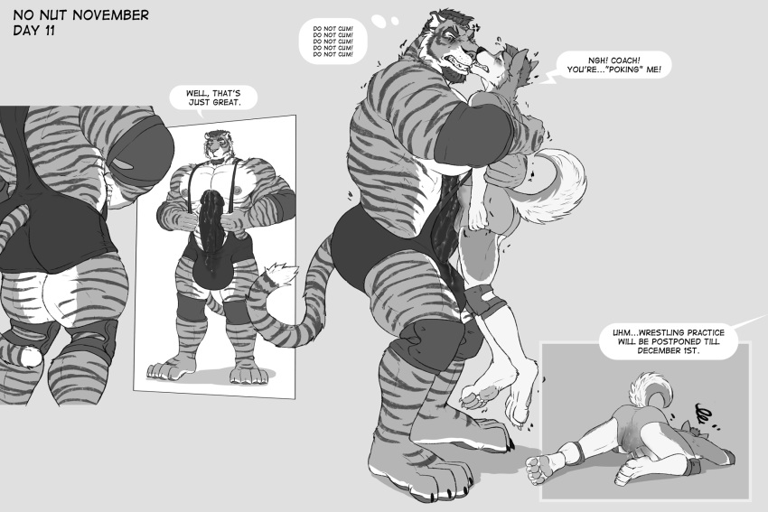 2022 all_fours anthro anthro_on_anthro areola ass_up back_muscles beard biceps big_bulge big_butt big_pecs big_penis bodily_fluids bulge butt canid canine canis clothed clothing digital_media_(artwork) domestic_dog dream_and_nightmare duo english_text excessive_genital_fluids excessive_precum facial_hair feet felid fur furgonomics genital_fluids genitals greyscale hair hi_res huge_bulge huge_penis husky interspecies knee_pads larger_anthro larger_male male male/male mammal meme mirror monochrome muscular muscular_anthro muscular_male muscular_thighs night_(dream_and_nightmare) nipples no_nut_november nordic_sled_dog pantherine pecs penis plantigrade poking_out precum quads sequence shirt size_difference smaller_anthro smaller_male speech_bubble spitz striped_body striped_fur stripes sweat talking_to_another talking_to_self tank_top text thick_thighs thought_bubble tiger tight_clothing topwear wrestling wrestling_singlet