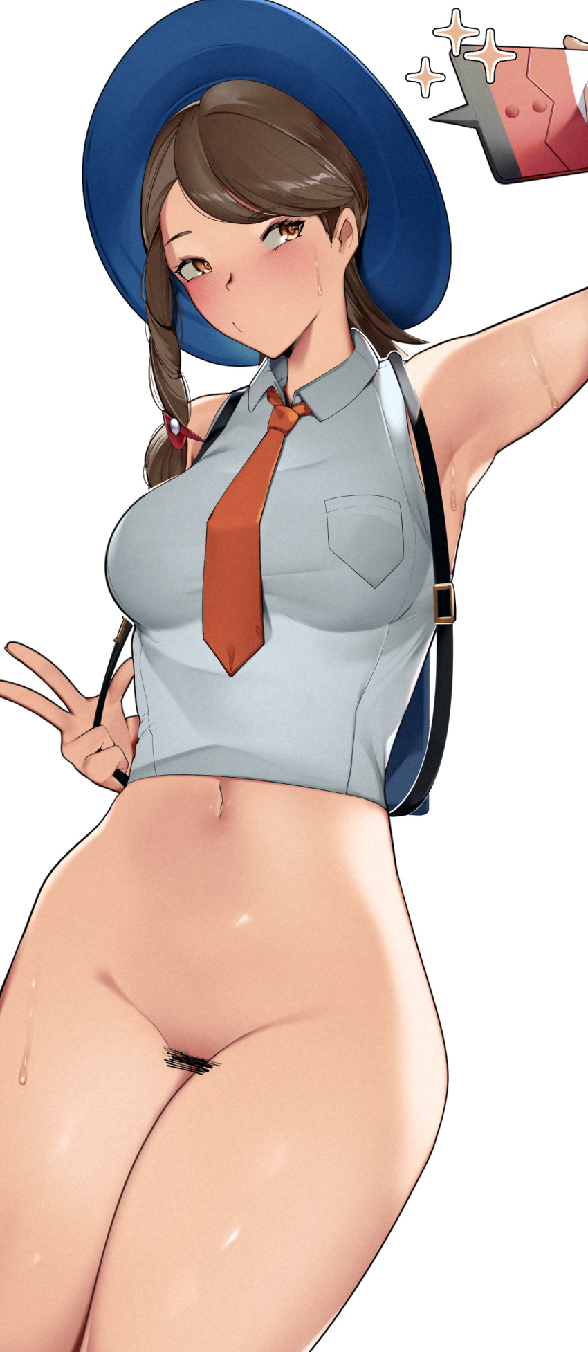 1girl absurdres armpits bar_censor blue_headwear blush bottomless braid breasts brown_eyes brown_hair cellphone censored grey_shirt hat highres holding holding_phone juliana_(pokemon) looking_to_the_side medium_breasts navel necktie orange_necktie phone pokemon pokemon_(game) pokemon_sv shirt short_hair simple_background single_braid sleeveless sleeveless_shirt solo sweat thighs v white_background yuuyuu_(yuuki1771)