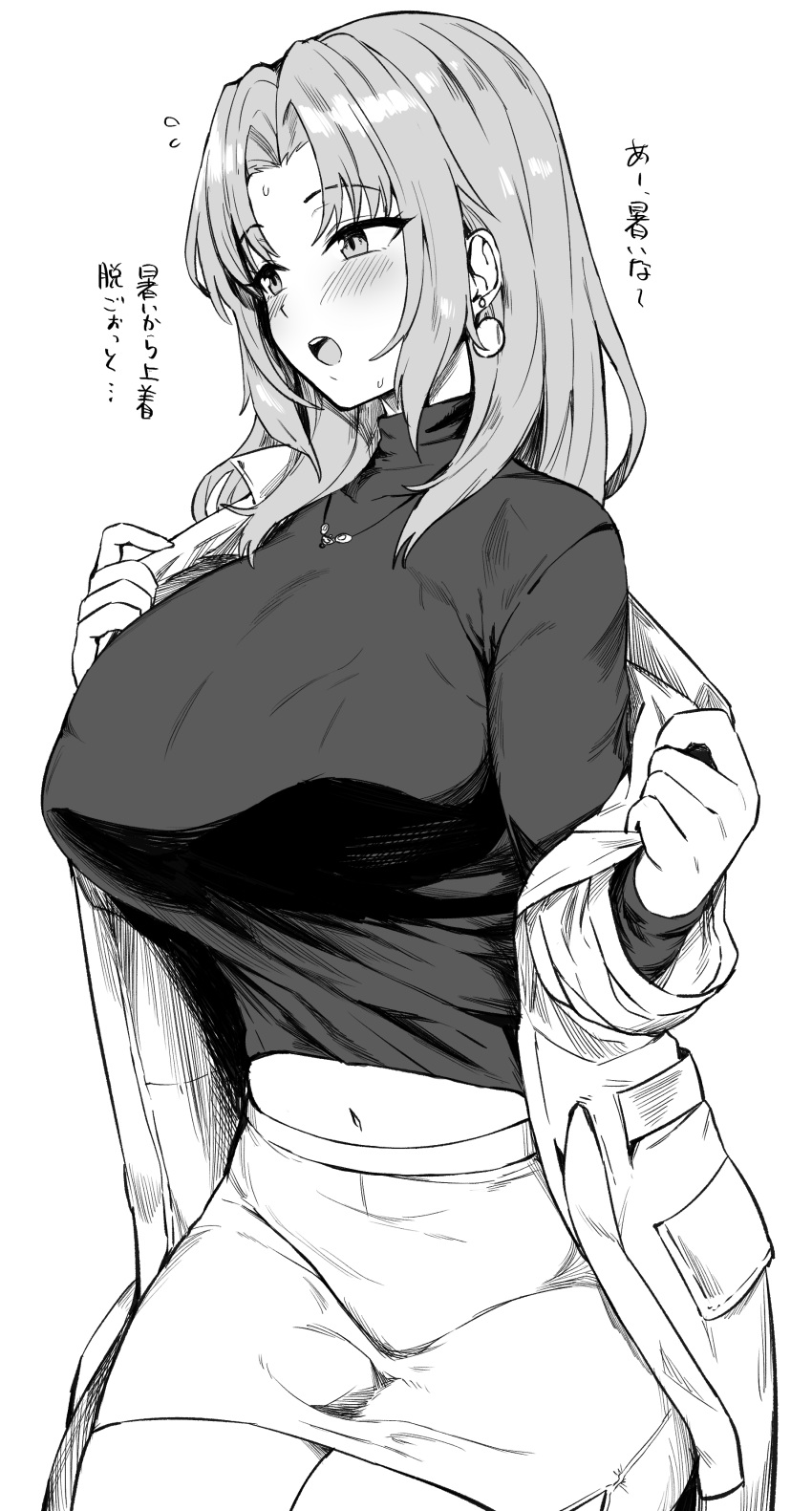 1girl absurdres blush breasts earrings greyscale highres hoop hotate-chan huge_breasts jacket jewelry labcoat long_hair long_sleeves midriff miniskirt monochrome navel necklace open_clothes open_jacket open_mouth original simple_background skirt solo sweater translated turtleneck turtleneck_sweater undressing