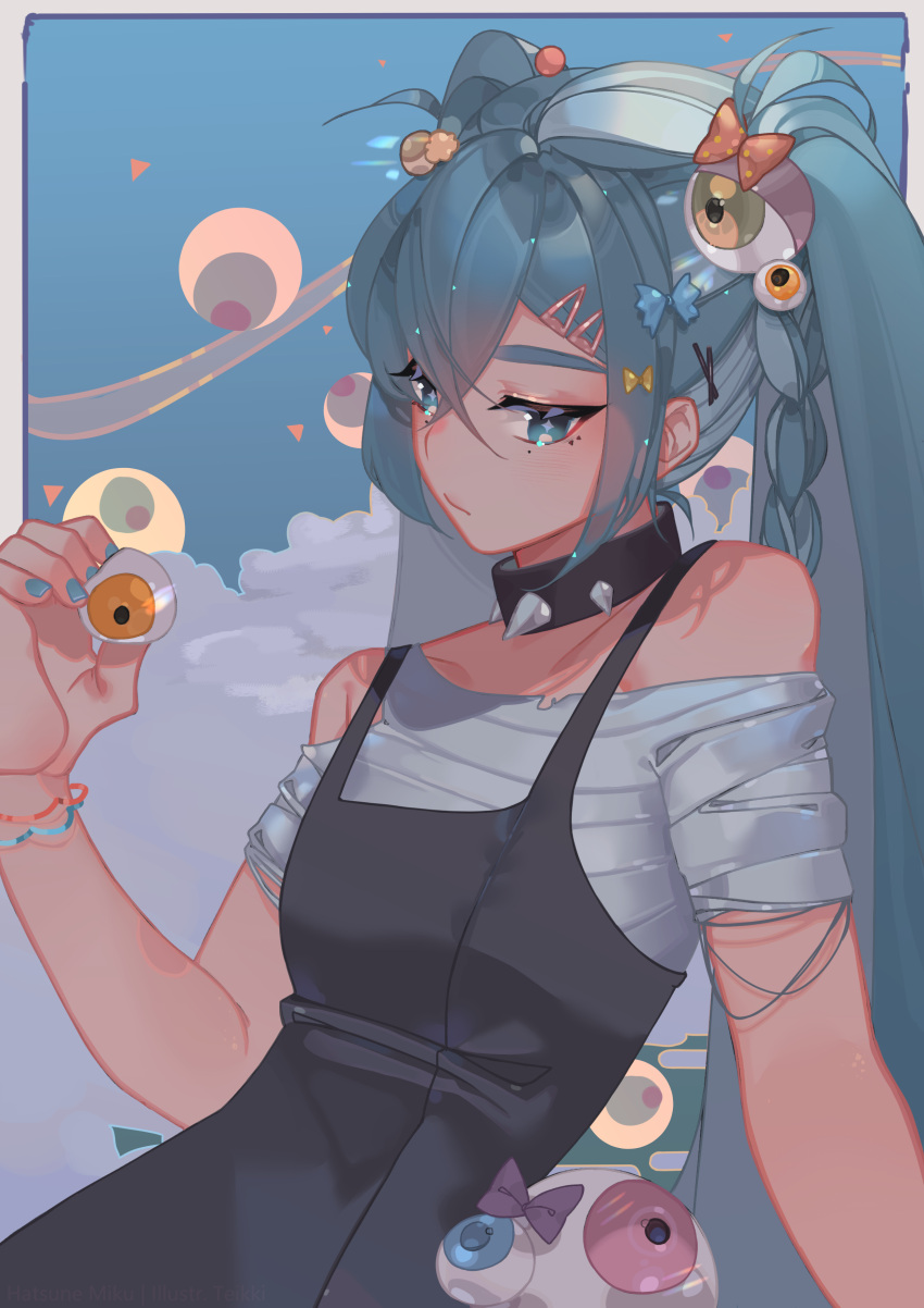 1girl absurdres bangs black_dress blue_eyes blue_hair bow cloud collar dress eyeball_hair_ornament hair_behind_ear hair_between_eyes hatsune_miku highres holding long_hair looking_down purple_bow sarashi self_upload sitting sky solo spiked_collar spikes teikki twintails vocaloid