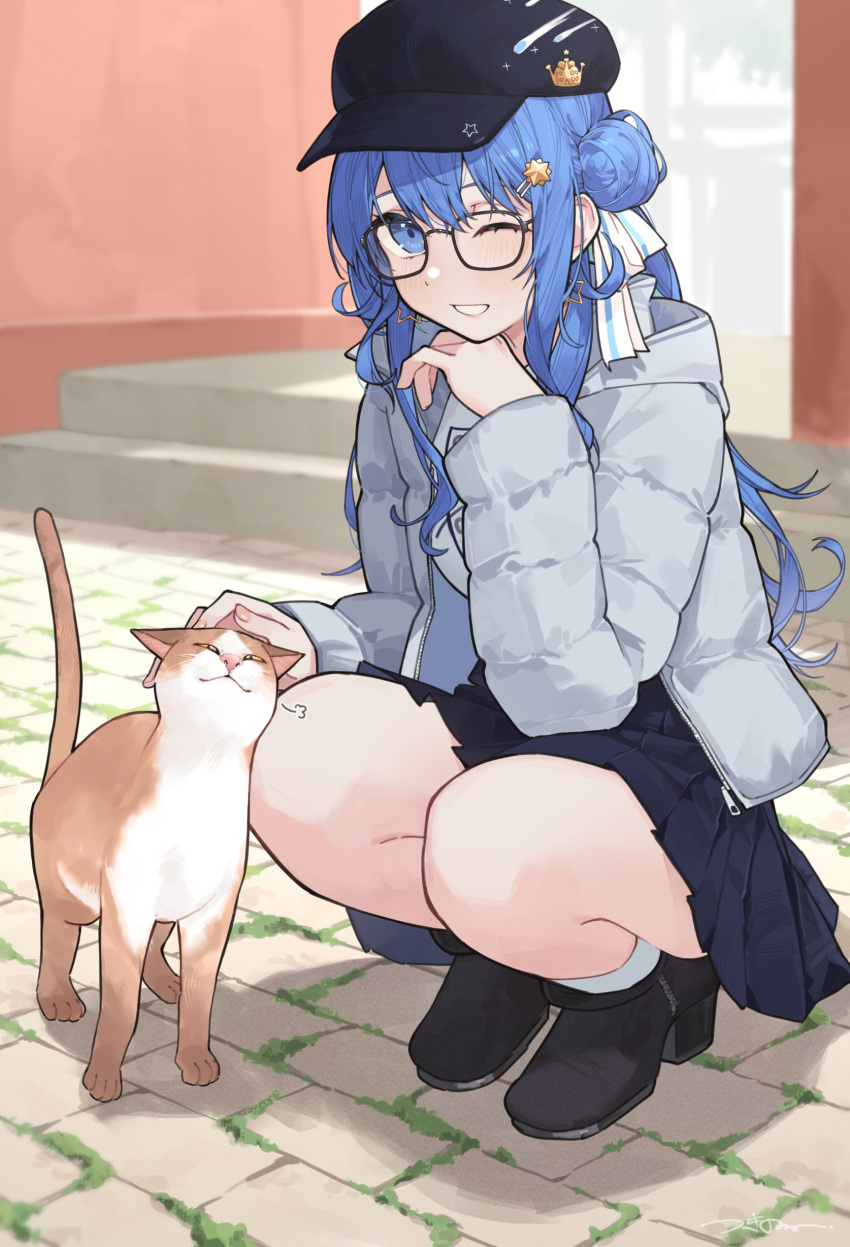 1girl :3 absurdres animal bangs baseball_cap bespectacled black-framed_eyewear black_footwear black_headwear black_skirt blue_eyes blue_hair casual cat crown day glasses grey_jacket hair_bun hair_ornament hair_ribbon hairclip hand_on_own_chin hat hat_ornament highres hololive hoshimachi_suisei jacket long_hair moss one_eye_closed open_mouth outdoors pavement petting pleated_skirt ribbon shadow single_hair_bun skirt smile socks squatting stairs star_(symbol) star_hair_ornament stone_stairs sunlight tail_raised tsukino_(nakajimaseiki) white_ribbon white_socks