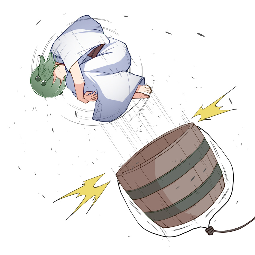 1girl barefoot brown_hair bucket dress ejection faceless faceless_female fetal_position from_side hair_bobbles hair_ornament highres kisume knees_to_chest midair peroponesosu. rope simple_background solo tagme touhou white_background white_dress wide_sleeves wooden_bucket