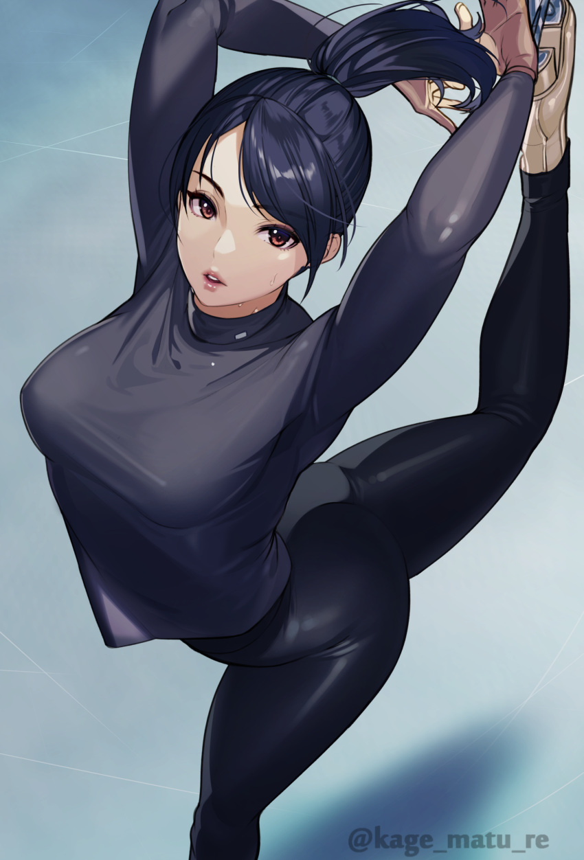 1girl absurdres bangs black_hair black_pants black_sweater breasts brown_eyes figure_skating from_above high_ponytail highres ice ice_skates ice_skating kagematsuri large_breasts looking_at_viewer original pants parted_lips skates skating solo sweater swept_bangs yoga_pants