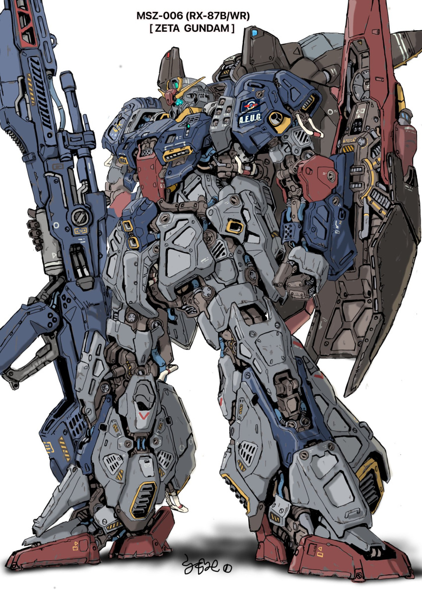 blue_eyes character_name clenched_hand full_body glowing glowing_eye gun gundam highres holding holding_gun holding_weapon mecha mobile_suit no_humans redesign robot science_fiction shadow shisaton. solo v-fin weapon white_background zeta_gundam zeta_gundam_(mobile_suit)