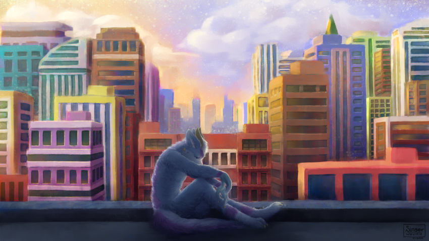 16:9 2020 anthro blue_body blue_fur building city city_background cityscape claws colored detailed_background digital_drawing_(artwork) digital_media_(artwork) digital_painting_(artwork) dragon fur furred_dragon hair hands_on_legs hands_on_own_legs head_tuft hi_res horn leaning_on_self male nude outside purple_body purple_fur shaded side_view sinser sitting sitting_on_ground sky solo tuft widescreen