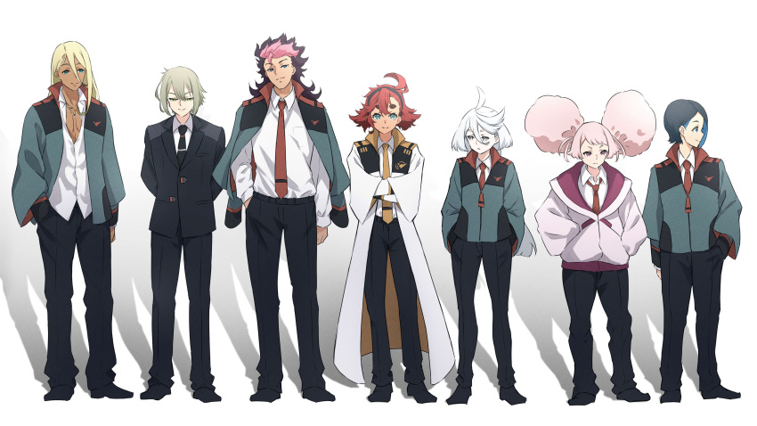 3boys 4girls absurdres adapted_costume afro_puffs ahoge aqua_eyes arms_behind_back asticassia_school_uniform belt black_belt black_footwear black_hair black_hairband black_jacket black_necktie black_pants blonde_hair blue_eyes blue_hair breast_pocket brown_hair chuatury_panlunch collared_shirt colored_inner_hair cowlick crossed_arms double_bun elan_ceres formal frown full_body ghost_in_the_shell ghost_in_the_shell_lineup ghost_in_the_shell_stand_alone_complex green_eyes green_jacket grey_eyes grey_hair guel_jeturk gundam gundam_suisei_no_majo hair_behind_ear hair_between_eyes hair_bun hairband hand_in_pocket hands_in_pockets highres hood hoodie jacket jacket_on_shoulders jewelry long_hair long_sleeves looking_at_viewer looking_down looking_to_the_side miorine_rembran multicolored_hair multiple_boys multiple_girls necklace necktie nika_nanaura pants partially_unbuttoned pink_eyes pink_hair pink_hoodie pocket red_hair red_necktie school_uniform shaddiq_zennelli shadow shiraiwa_usagi shirt shoes short_hair simple_background smile standing straight-on streaked_hair suit suit_jacket suletta_mercury thick_eyebrows tie_clip trench_coat two-tone_hair untucked_shirt v-shaped_eyebrows white_background white_shirt wide_sleeves yellow_necktie