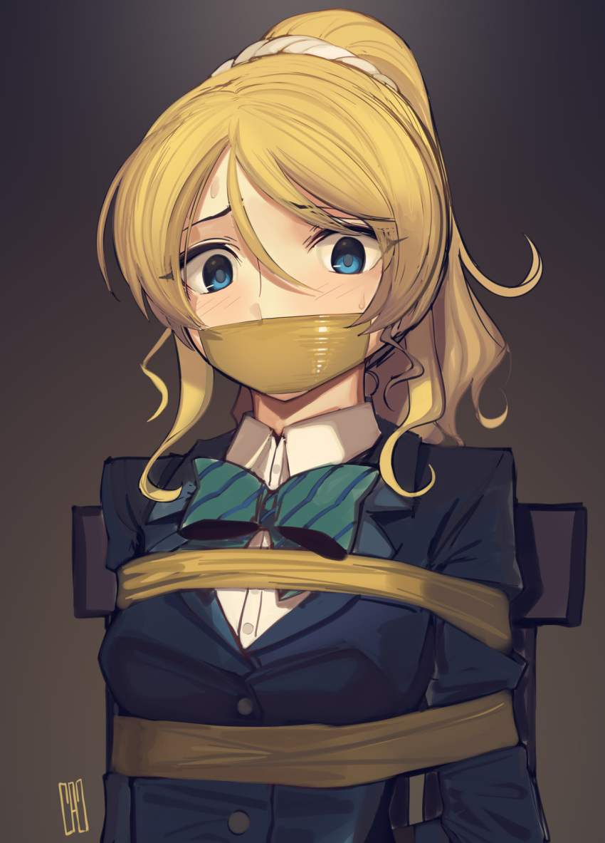 1girl ayase_eli bangs bdsm blazer blonde_hair blue_eyes blue_jacket bondage bound bow bowtie cad_(caddo) commentary_request gag gagged green_bow green_bowtie hair_between_eyes highres improvised_gag jacket love_live! love_live!_school_idol_project ponytail shirt solo tape tape_gag upper_body white_shirt