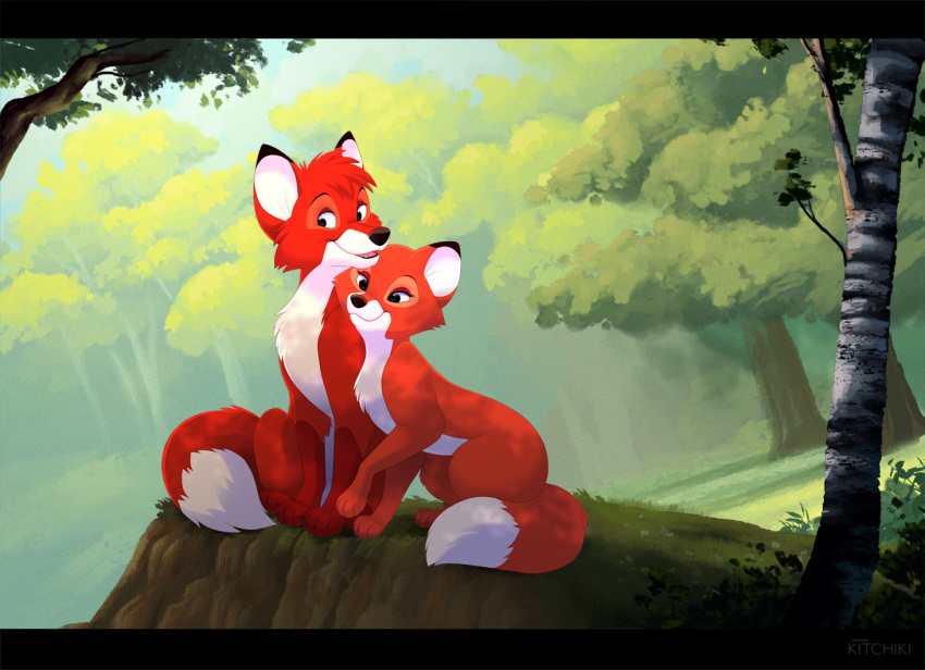 2022 4_toes black_bars canid canine day detailed_background digital_media_(artwork) disney duo eyebrows eyelashes feet female feral forest fox fox_and_the_hound fur grass kitchiki male mammal orange_body orange_fur outside paws plant sky smile tod_(fath) toes tree vixey white_body white_fur