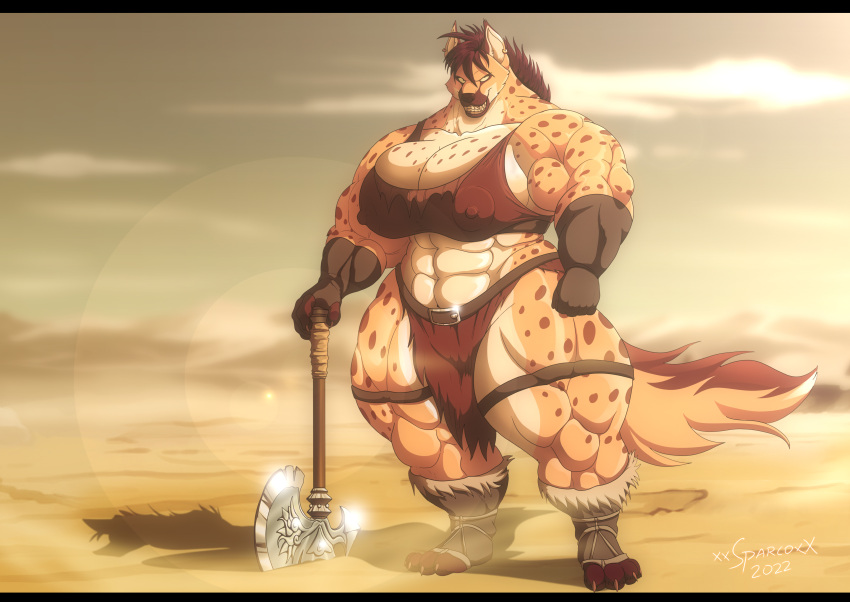 2022 3_toes abs absurd_res anthro areola_outline axe barbarian big_breasts black_bars black_hair black_nose bottomwear bra breasts bruda_(wulfbane) claws cleavage clothed clothing desert digital_media_(artwork) feet female fur gnoll grin hair hi_res hindpaw huge_breasts huge_thighs humanoid_hands hyaenid letterbox loincloth mammal melee_weapon muscular muscular_anthro muscular_female navel nipple_outline paws signature smile solo spots spotted_body spotted_fur standing tan_body tan_fur teeth thick_thighs toe_claws toes underwear weapon xxsparcoxx